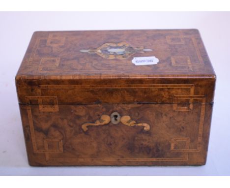 An inlaid burr walnut tea caddy, 23 cm wide, a copper kettle, a silver plated three piece tea service, other metalwares, spor