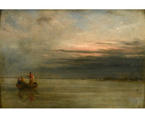 William Collins, three figures in a fishing boat, in a seascape, oil on board, label verso, 13 x 20 cm  See illustration