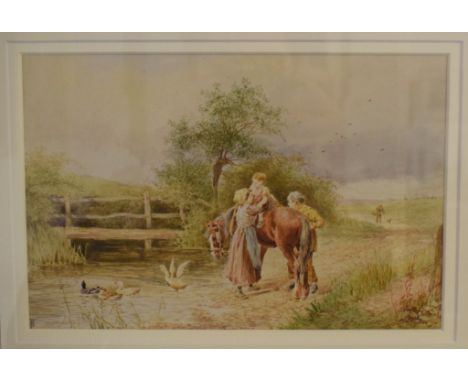 Circle of Miles Birket Foster, children playing on a horse by a river, watercolour, initialled, 14.5 x 22 cm