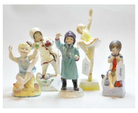 Two Royal Worcester Month of the Year figures, December, 3458, and February, 3453, and three Days of the Week figures, Saturd