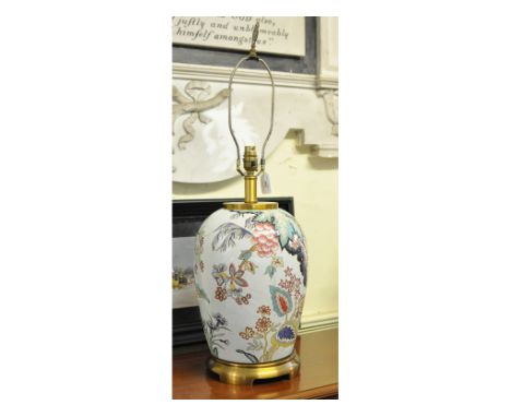 A brass mounted pottery lamp, 72 cm high (over fitment)