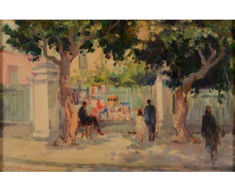 Kamel Moustafa, a man displaying art on a street, oil on board, signed, 18 x 28 cm  See illustrationProvenance: Property from