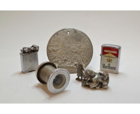 A white coloured metal plaque, cased, a Crummles enamel box, and other items (qty) 