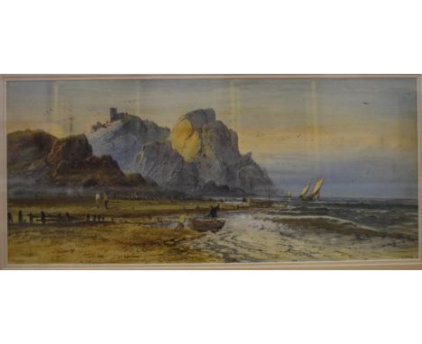 George Lennard Lewis, a seascape, with boats, figures and castle ruins, watercolour, signed, 23 x 52 cm