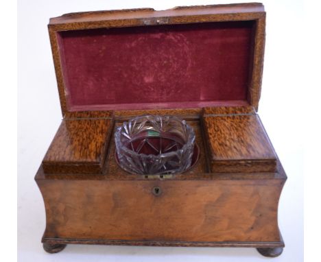 A walnut tea caddy, 31 cm wide, a 19th century sampler, a Le Blond coloured print, and other items (qty) 