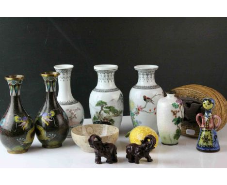 Mixed Lot of mainly Oriental  including Cloisonné Vases, Ceramic Vases, Wicker Trinket Basket
