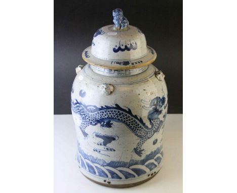Large Chinese Ceramic Temple Jar and Cover,  decorated with a Dragon, 52cms high