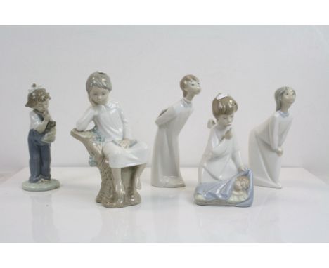 Four Lladro figures to include child with baby,child seated reading two other figures of girls and a Nao figure of a child wi