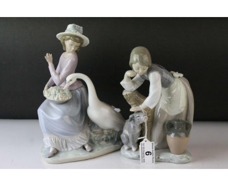 Two Lladro Figures, Caress and Rest, model no. 1245, 21cms high and a Seated Girl holding Flower Basket with Goose, 24cms hig