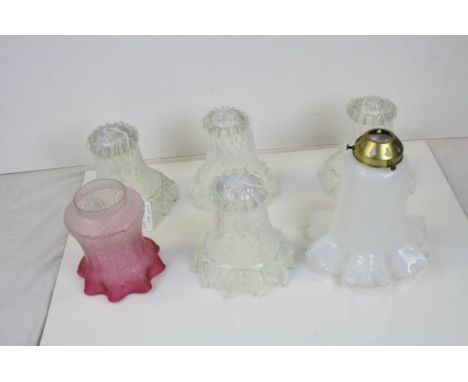 Set of Four Victorian Opalescent Glass Light Shades, 16cms high together with a Cranberry Tinted Glass Shade and another Glas