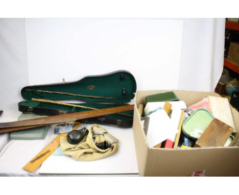 Two Boxes of Mixed Items including Green Glass Light Shade, Silver Plate, Barometer, Spirit Level, Violin Case, Vintage Ruler