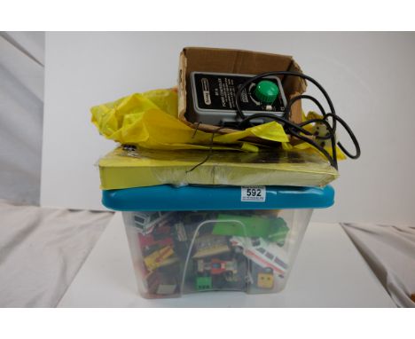 Tub of Mixed Loose Diecast Playworn Vehicles together with Thomas the Tank Engine Locomotive, Carriages and Tracks and Tri-an