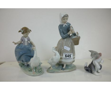 Three Lladro Figures including Shepherdess with Ducks model no. 4568, Hurry now model no. 5503 plus a Cat and Mouse figure
