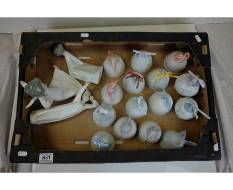 Three Lladro Figures including Girl Kissing, model no. 4873 together with Thirteen Lladro Bells and Two Lladro Christmas Baub
