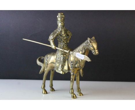 Brass Model of a Chinese Guandi Warrior on Horseback with applied cabochon stones, 23cms high