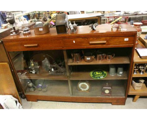 Mid 20th century Oak Side Cabinet comprising Two Drawers over Two Large Glass Sliding Doors opening to reveal adjustable shel