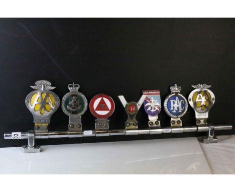 Seven Vintage Car Badges mounted on Tubular Bracket including Singapore AA Badge, Notts &amp; County, Institute of Advance Mo