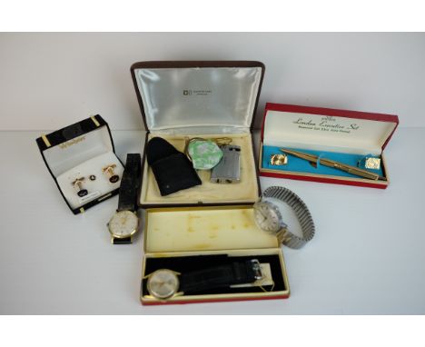 Mixed Lot including Two Ronson Lighters, a Lighter and Purse Set, Cased Gold Plated Pen and Cufflink Set, Cased Masonic Cuffl