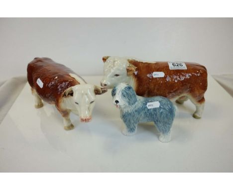 Ceramic Model of a Hereford Bull and Cow together with a Sylvac Sheepdog plus a Blue and White ' Humphrey's Clock ' Meat Plat