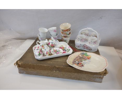 Boxed Child's Ceramic Tea Set, Miniature Ceramic Tea Set on Tray plus Two Egg Cup Sets on Stands and Four further Egg Cups