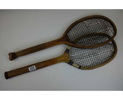 An early 20th century fish tail tennis racket THE MATCH together with a Gardiners Best Model racket.