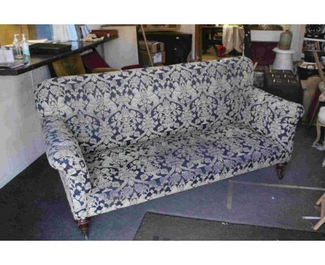 Late 19th / Early 20th century Three Seater Sofa, upholstered in dark blue fabric with a gold coloured pattern of mythical cr