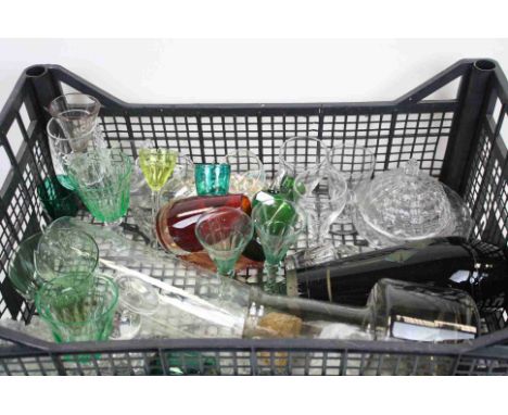 Mixed Tray of Glassware including Smokey Glass Decanter, Custard Cups, Whitefriars style Jug and Vase, etc