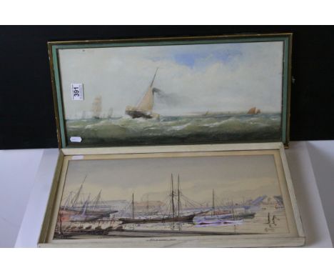 Watercolour of Sailing Ships in Dock titled ' Slipway, Adelaide ' signed lower right J Fudgate 44, 25cms x 45cms together wit