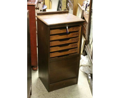 Edwardian ' Abbess ' Oak Office Filing Cabinet, the drop down tambour front opening to reveal Nine Beech Stationery Drawers, 