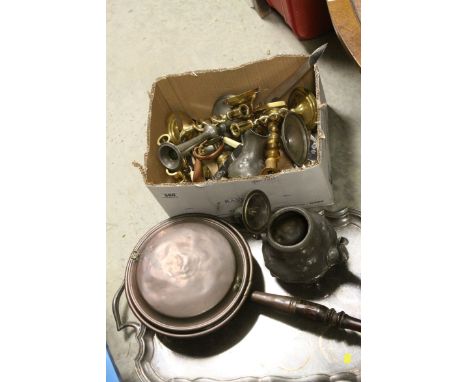 Metalware including Silver Plated Serving Tray, Copper Bed Warming Pan, Pewter and Brass Candlesticks, Cutlery, Copper Huntin