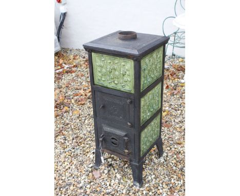 French Cast Iron Stove / Woodburner inset with Green Tiles, 95cms high x 39cms wide