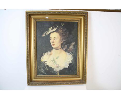 A 20th century oil on board portrait of a 19th century lady in costume.
