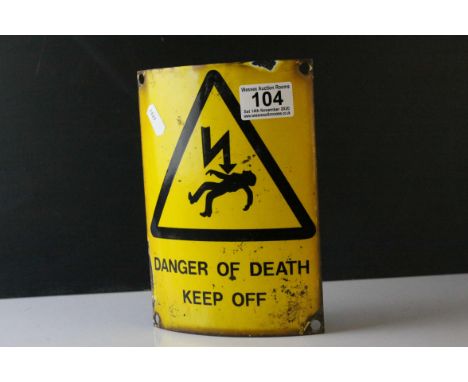 Curved Yellow Enamel Sign ' Danger of Death, Keep Off ' , 20cms high