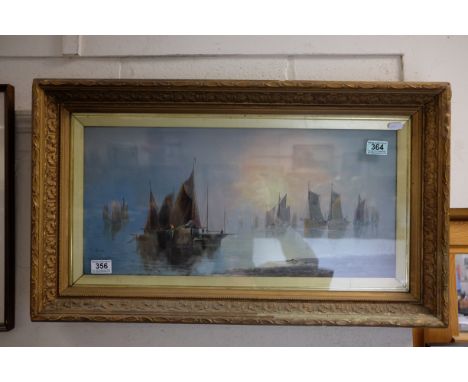 John Bale 1834 - 1913 Norfolk born artist  oil painting seascape fishing at dawn mounted in a gilt frame, 28 x 60 cm.