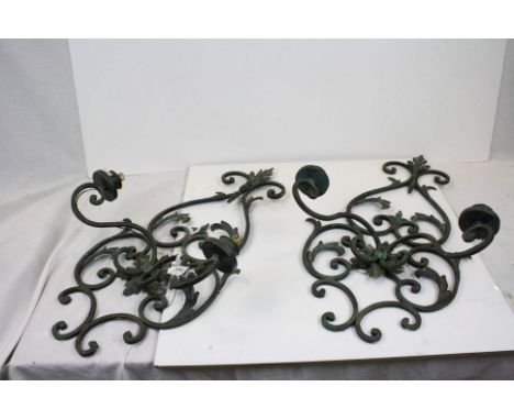 Pair of Scrolling Metal Two Branch Electric Wall Light Brackets, 65cms high