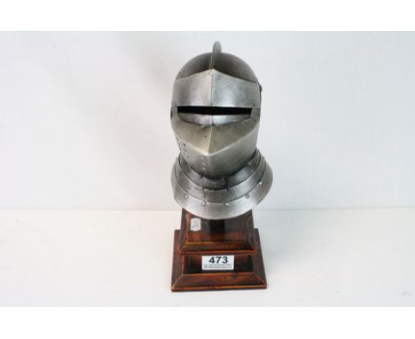Replica Medieval Knight Helmet Ornament on Wooden Base