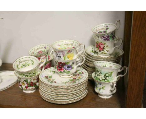 Set of Twelve Royal Albert ' Flowers of the Month Series ' Cups, Saucers and Tea Plates, one set for each month of the year