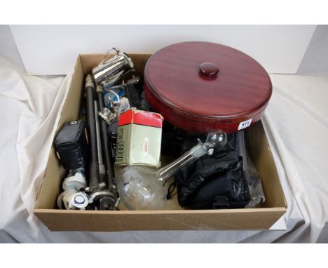 Mixed Lot including Lazy Susan with Ceramic Dishes, Glass Decanter, plus Mixed Camera Equipment and Accessories, etc