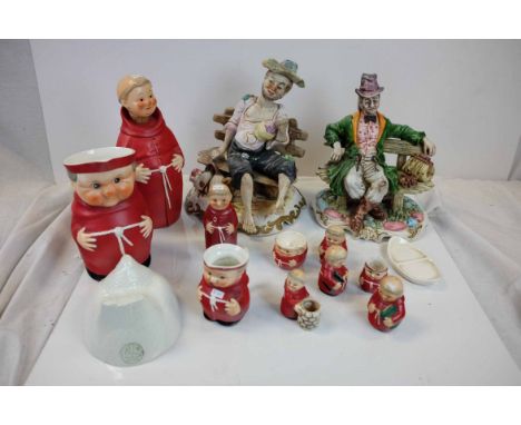 Two Capodimonte Tramps together with a Collection of Goebel Monk items in Red Clothing including Decanter, Jugs, Cruet Set, E