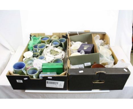 Two boxes of sundries to include Irish clover leaf ceramics, Coronation china,  framed photo, Poole and Jersey Pottery Lamps,