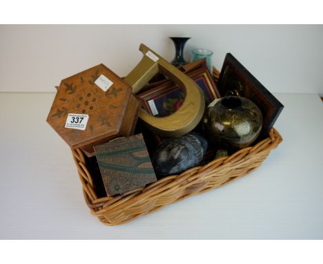 Indian Hexagonal Box, Model of a Canoe, 19th century Embossed Brass Plaque and other interesting objects and ornaments