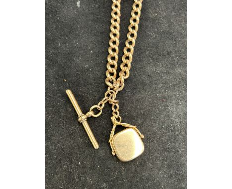 9ct Gold Albert chain with T-bar &amp; fob Length 40 cm Total weight 38.4g