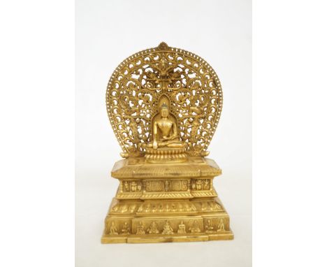 Gilt bronze repousse throne &amp; aureole with buddha sculpture 