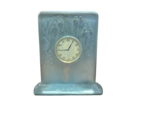 R . Lalique unusual blue glass clock with 6 embossed budgies - currently ticking Height 15 cm x 13 cm