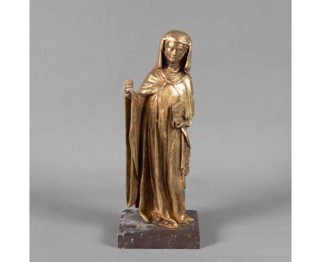 Female Saint in Medieval Manner, bronze cask with original gilding and folded clothes. A book in the right hand. The attribut