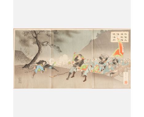 Ogata Gekkô (1859 – 1920), Japanese woodcut on paper, first Japanese -  Chinese war . 37X72 cm