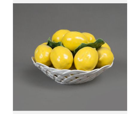 Italian Ceramic Decoration, lemons in open work basket with leafs in naturealistic manner , 20th Century . 23X13 cm 