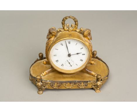 Classical Alarm Clock, gilded bronze mounts on round base, enamel dial with bronze fingers, function not proved, glass window