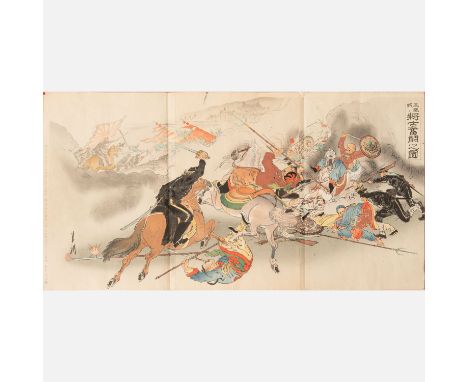 Ogata Gekkô (1859 – 1920), Japanese woodcut on paper, first Japanese -  Chinese war . 37X72 cm