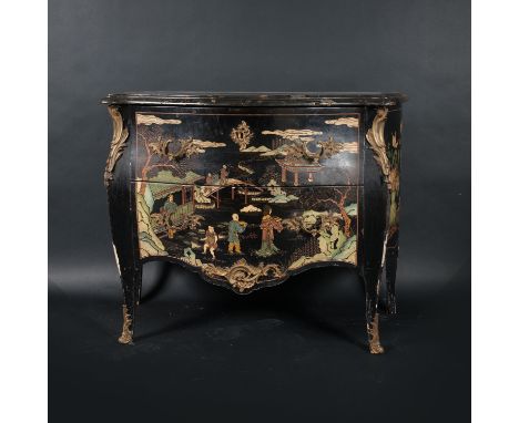 Small French Lacquer Commode, in Louis XVI. manner, curved body on four feet, two drawers with marble top, oak wood with Chin